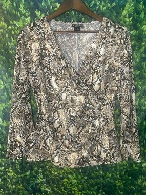 Stitch Surplice Snake Print Long Sleeve Top - Neutral Brown